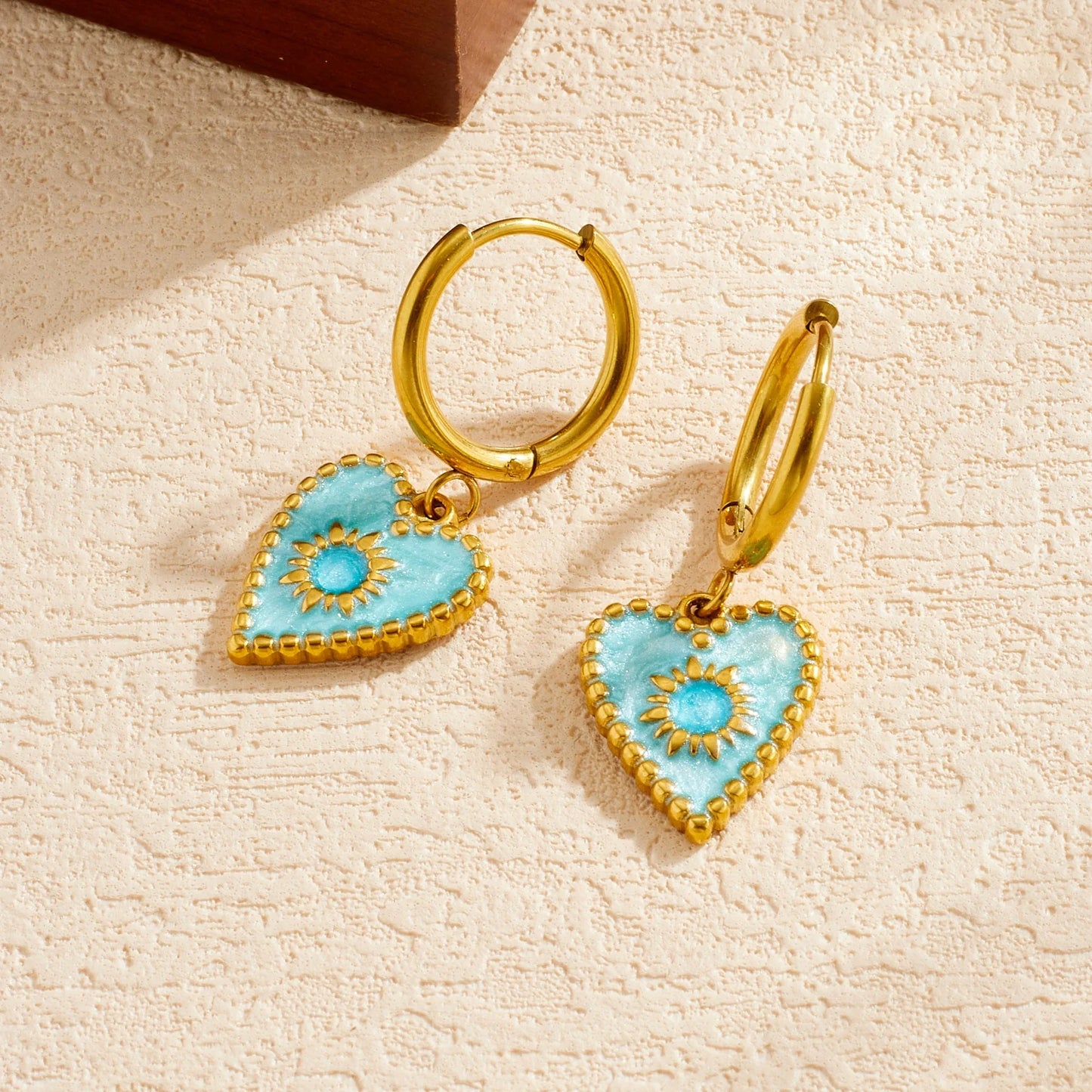 Coquette Blue Heart Sun Gold Dangling Earrings - Womens