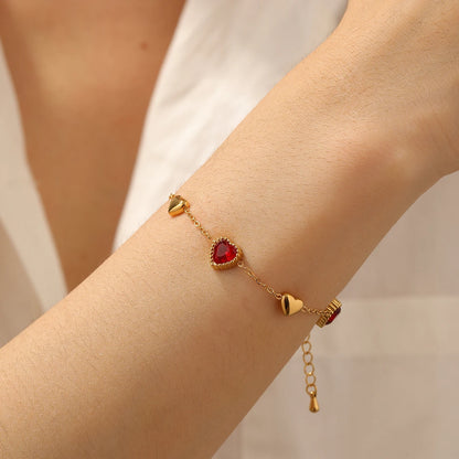 Vintage Red Zircon Inlay Heart Gold Charm Bracelet - Womens