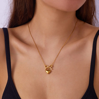 Dainty Coquette Aesthetic Heart and Bow Gold Pendant Necklace - Womens