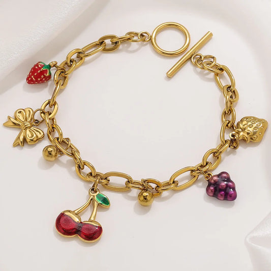 Cherry Strawberry Bow Gold Pendant Charm Bracelet - Womens