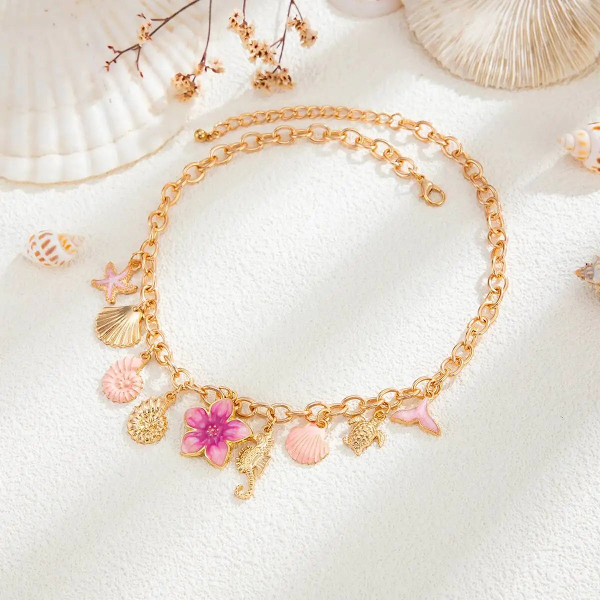 Boho Beach Pink Conch Shell Flower Pendant Gold Charm Necklace - Adjustable - Womens