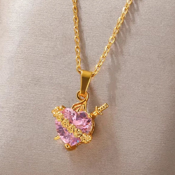 Pink Zircon Rose Heart and Sword Gold Pendant Valentine's Necklace - Womens