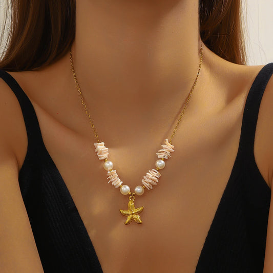 Boho Beach Seashell Starfish Pearl Gold Pendant Necklace - Womens