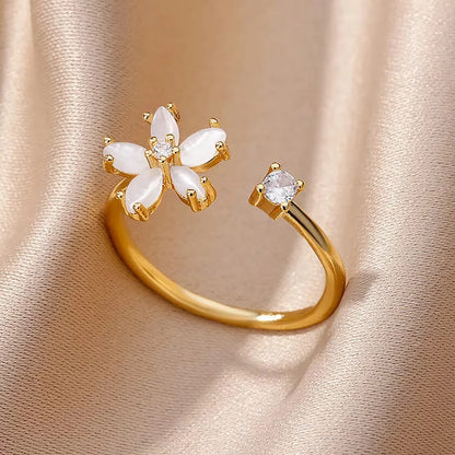 Dainty Zircon Flower Opal Gold Ring - Womens - Adjustable