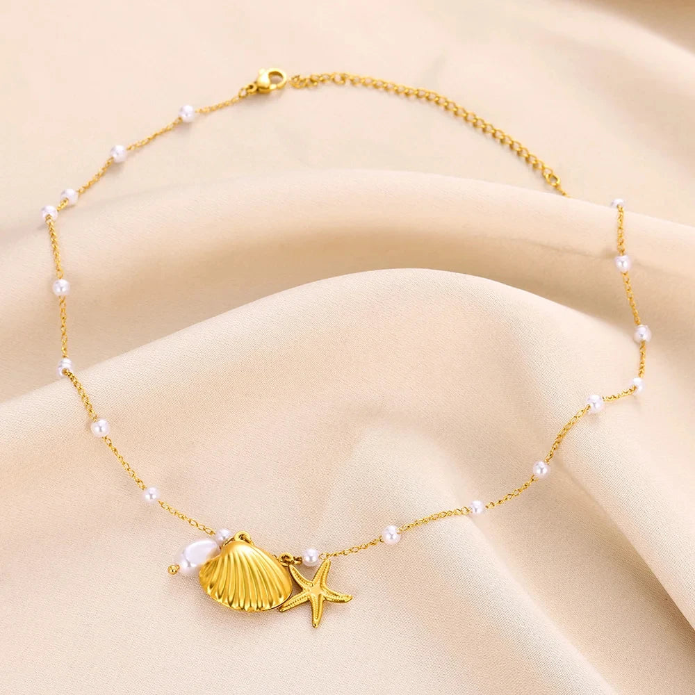 Boho Beach Pearl Shell Gold Charm Necklace - Womens