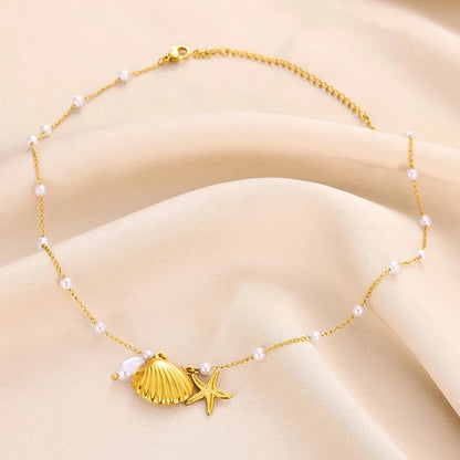 Boho Beach Pearl Shell Gold Charm Necklace - Womens