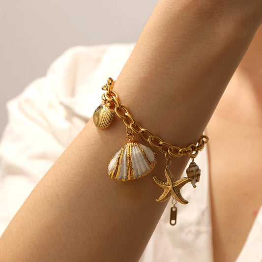 Boho Beach Shell and Starfish Gold Pendant Adjustable Charm Bracelet - Womens