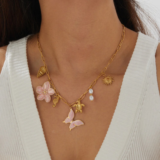 Pink Butterfly Shell Flower Sun Pendant Gold Charm Necklace - Stainless Steel - Womens
