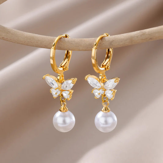Zircon Butterfly Gold Pearl Drop Earrings - Womens