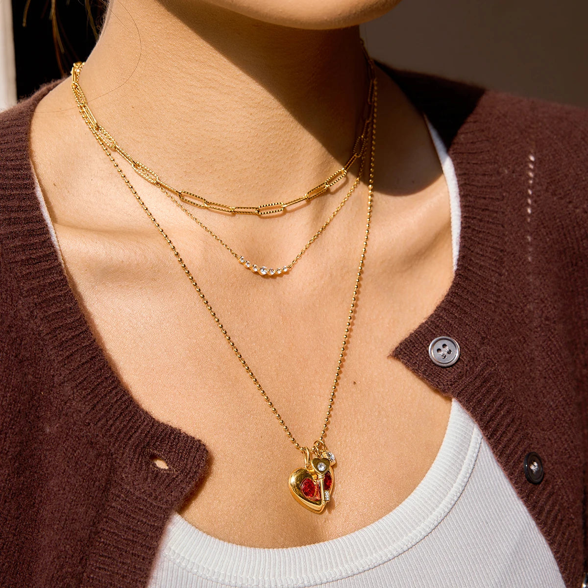 Red Zircon Heart and Key Gold Pendant Valentine's Gift Necklace - Womens