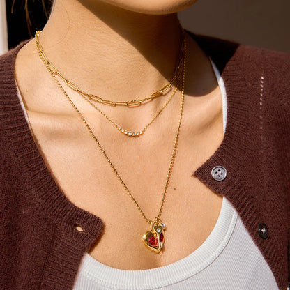 Red Zircon Heart and Key Gold Pendant Valentine's Gift Necklace - Womens