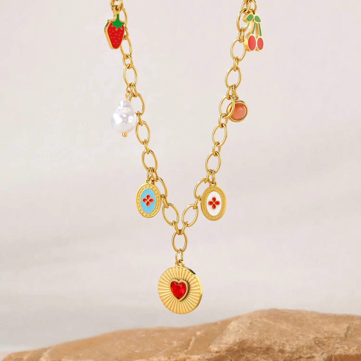 Ruby Strawberry Cherry Pearl Heart Pendant Gold Charm Necklace - Stainless Steel - Womens