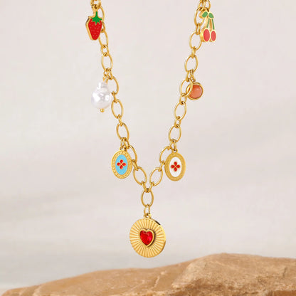 Ruby Strawberry Cherry Pearl Heart Pendant Gold Charm Necklace - Stainless Steel - Womens
