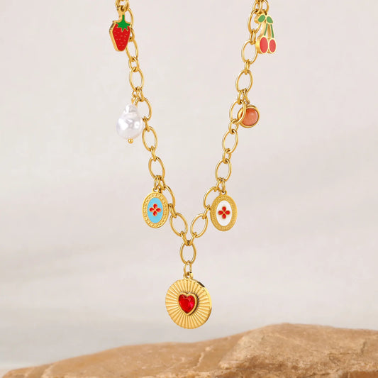 Ruby Strawberry Cherry Pearl Heart Pendant Gold Charm Necklace - Stainless Steel - Womens