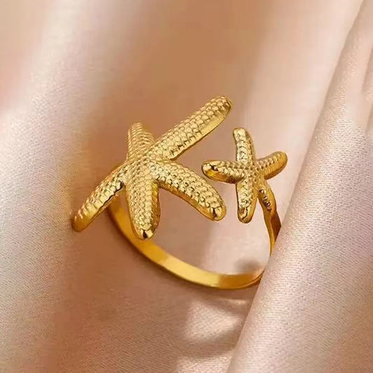 Boho Mermaidcore Starfish Adjustable Ring - Gold & Silver - Womens