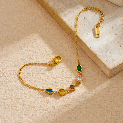 Crystal Rainbow Gemstone Gold Charm Bracelet - Stainless Steel - Womens