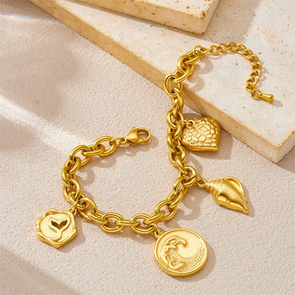 Boho Beach Conch Seashell Heart Pendant Gold Charm Bracelet - Stainless Steel - Womens
