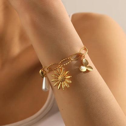 Coquette Flower Heart Chain Gold Pearl Pendant Bracelet - Womens - Adjustable