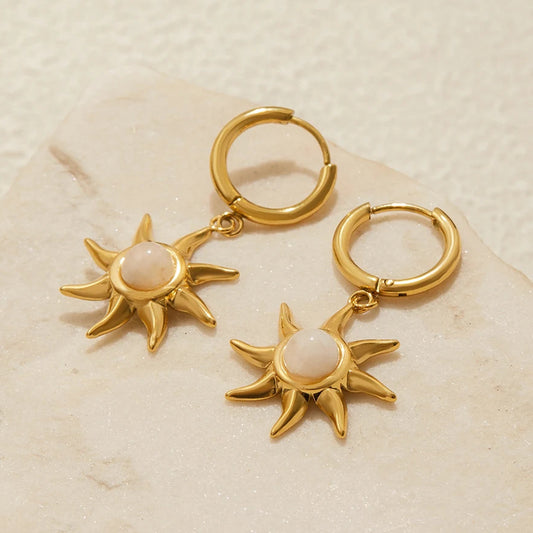 Celestial Moonstone Sun Gold Pendant Dangle Earrings - Womens