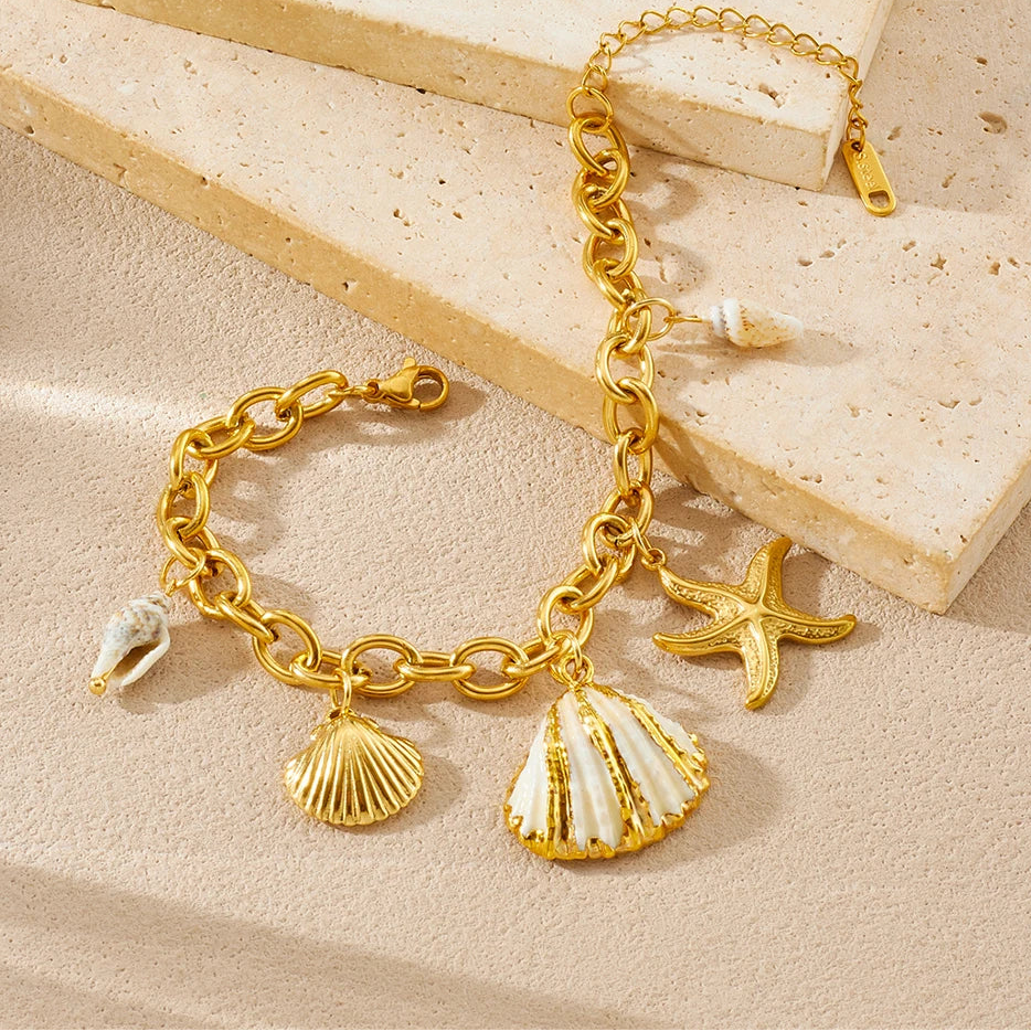 Boho Beach Shell and Starfish Gold Pendant Adjustable Charm Bracelet - Womens