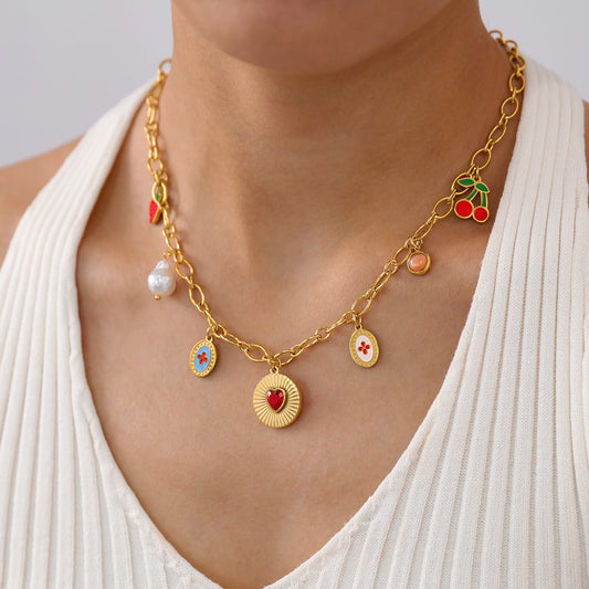Ruby Strawberry Cherry Pearl Heart Pendant Gold Charm Necklace - Stainless Steel - Womens