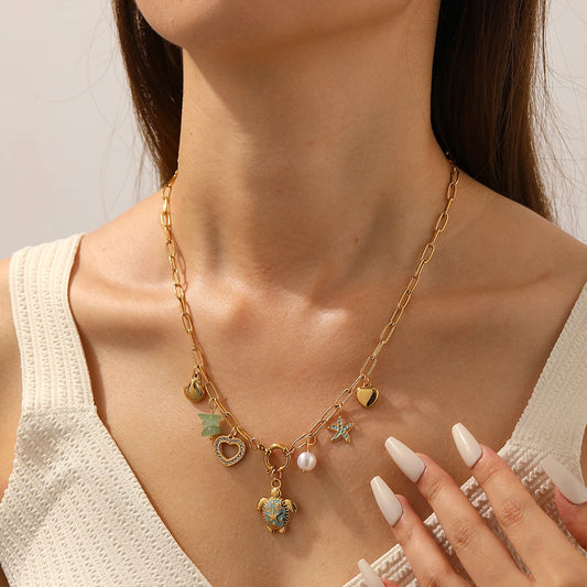 Boho Beach Seashell Turtle Starfish Heart Gold Charm Necklace - Womens