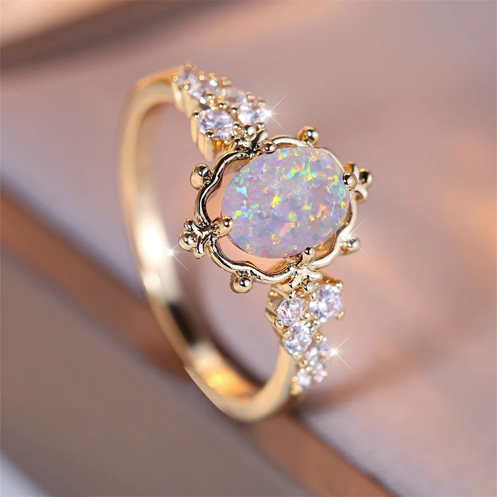 White Fire Opal Gemstone Gold Ring - Womens