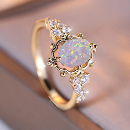 White Fire Opal Gemstone Gold Ring - Womens