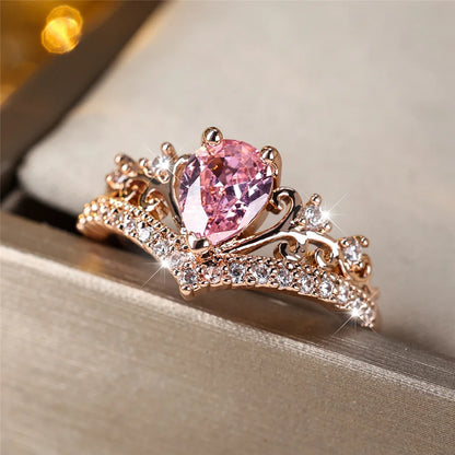 Dainty Princess Pink Zircon Crystal Rose Gold Ring - Womens