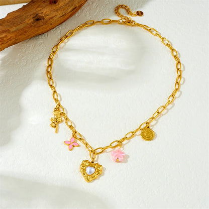Pink Rose, Coin and Heart Gold Pendant Charm Necklace - Womens