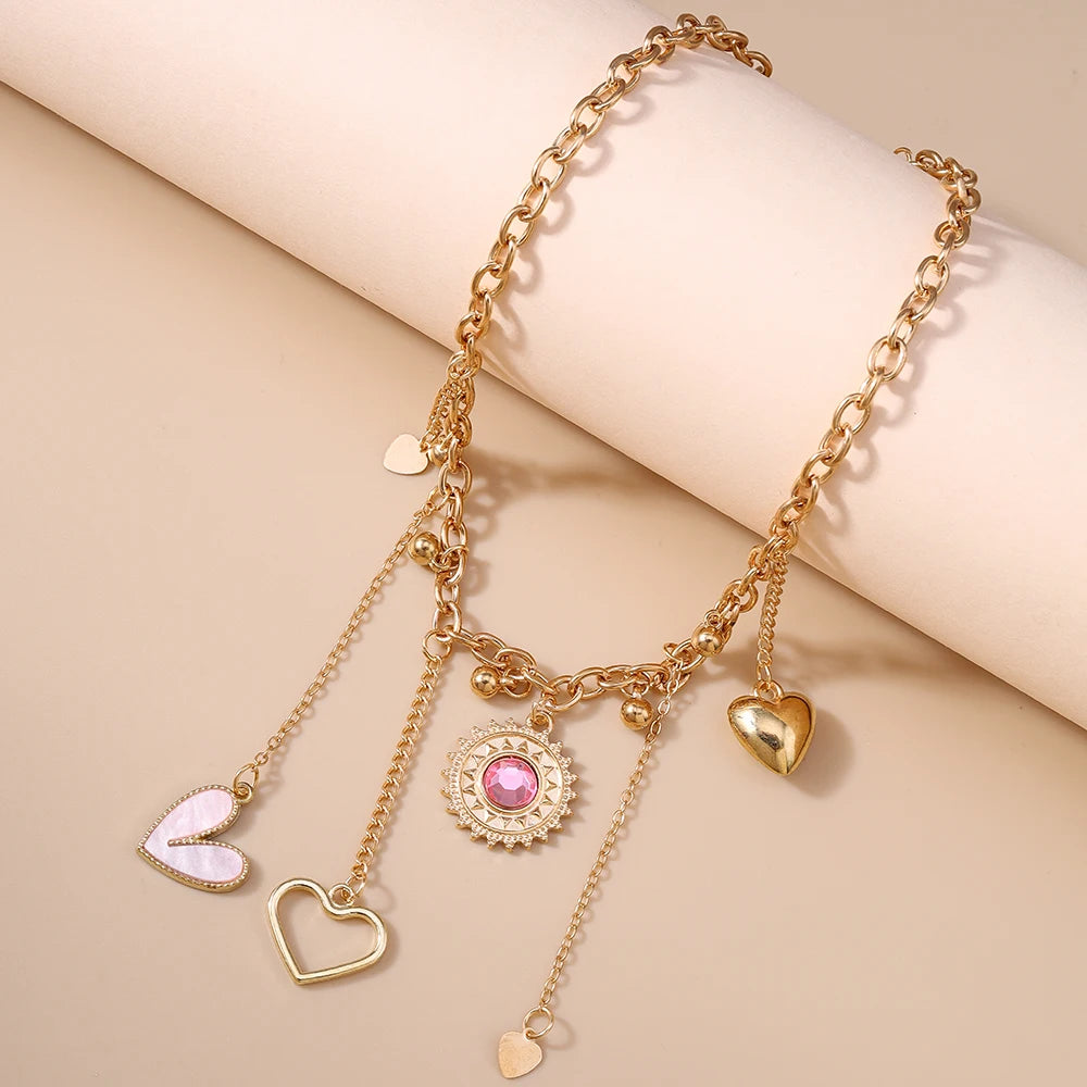 Y2K Love Heart Pink & Gold Pendant Charm Necklace - Womens