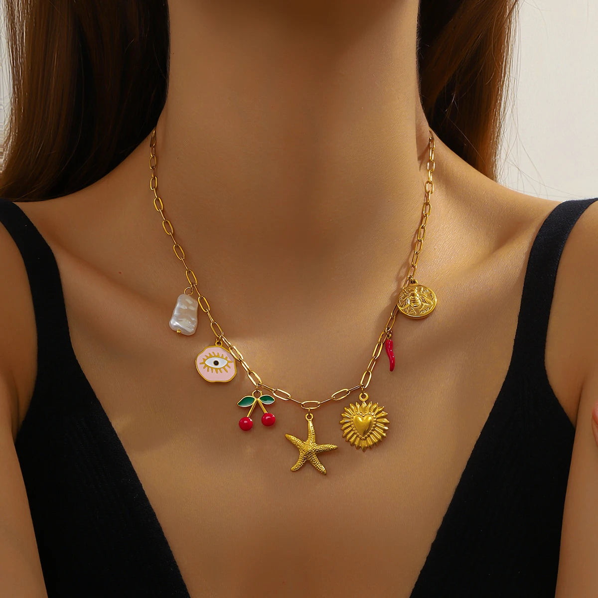 Starfish Cherry Pearl Evil Eye Heart Pendant Gold Charm Necklace - Stainless Steel - Womens