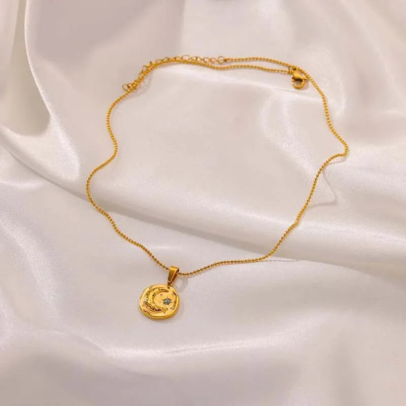 Blue Zircon Moon and Star Pendant Gold Charm Necklace - Stainless Steel - Womens