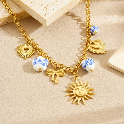 Sun Bow Ceramic Flower Heart Pendant Gold Charm Necklace - Stainless Steel - Womens