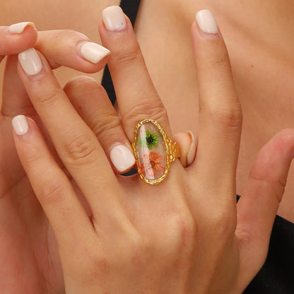 Vintage Pressed Flower Resin Adjustable Gold Ring - Womens