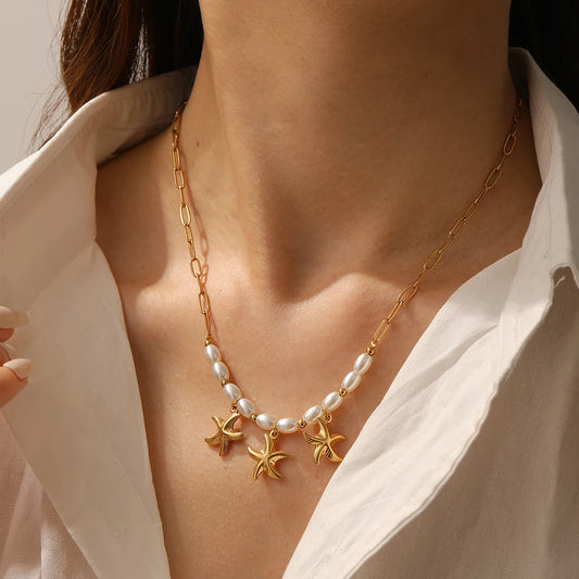 Boho Beach Pearl Starfish Pendant Gold Charm Necklace - Womens