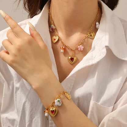 Red Zircon Heart Pearl Flower Pendant Gold Charm Bracelet And Necklace Set - Womens
