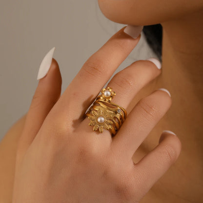 Boho Flower Pearl Inlay Gemstone Adjustable Gold Ring - Stainless Steel - Womens