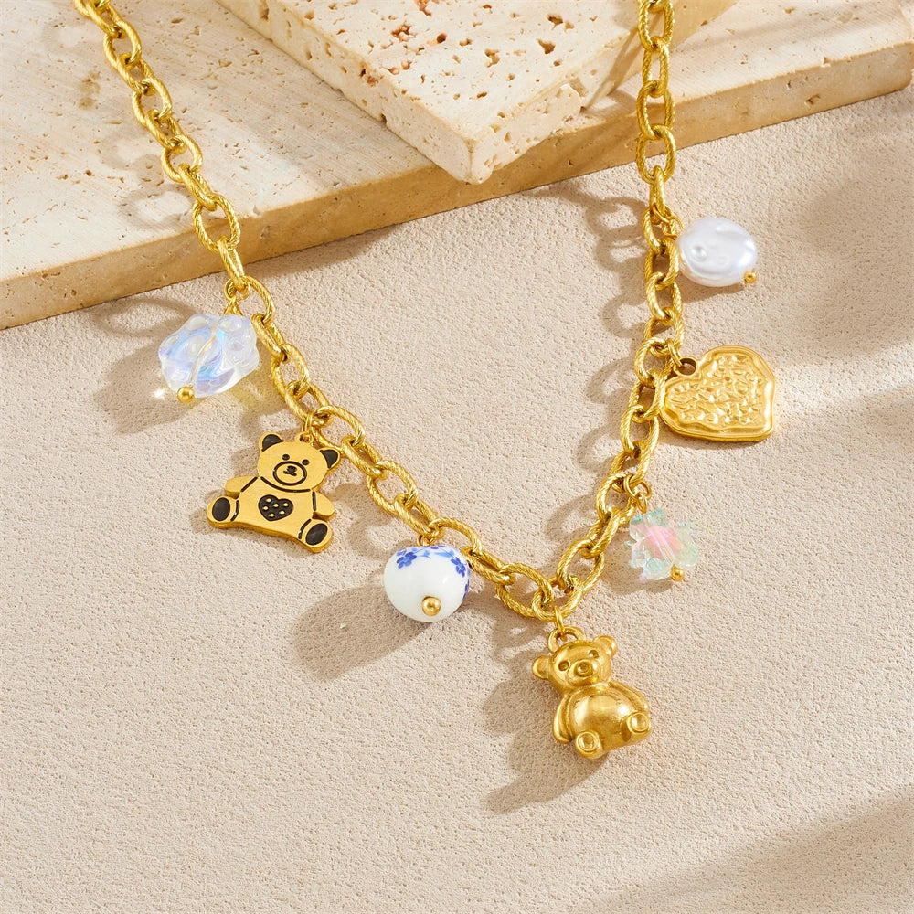 Pearl Teddy Bear Heart Pendant Gold Charm Necklace - Stainless Steel - Womens