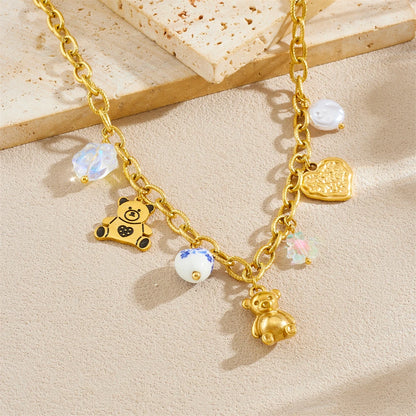 Pearl Teddy Bear Heart Pendant Gold Charm Necklace - Stainless Steel - Womens
