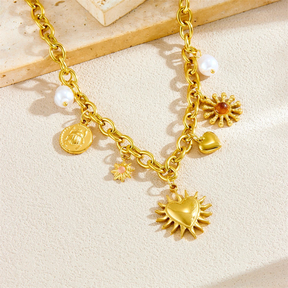 Boho Heart and Sun Gold Charm Necklace - Womens