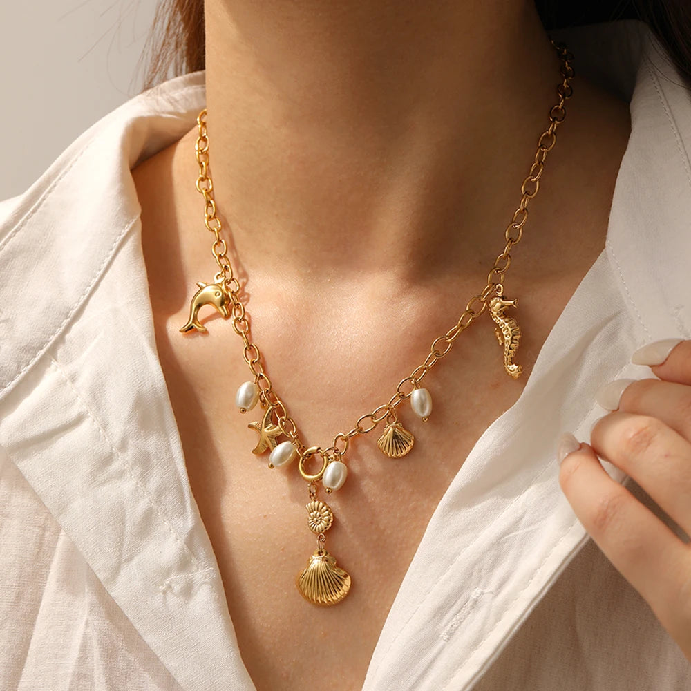 Boho Beach Seashell Dolphin Seahorse Starfish Pearl Gold Pendant Charm Necklace - Womens
