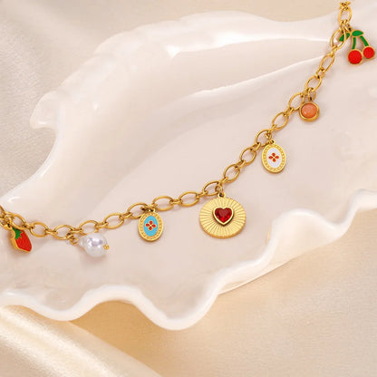 Ruby Strawberry Cherry Pearl Heart Pendant Gold Charm Necklace - Stainless Steel - Womens