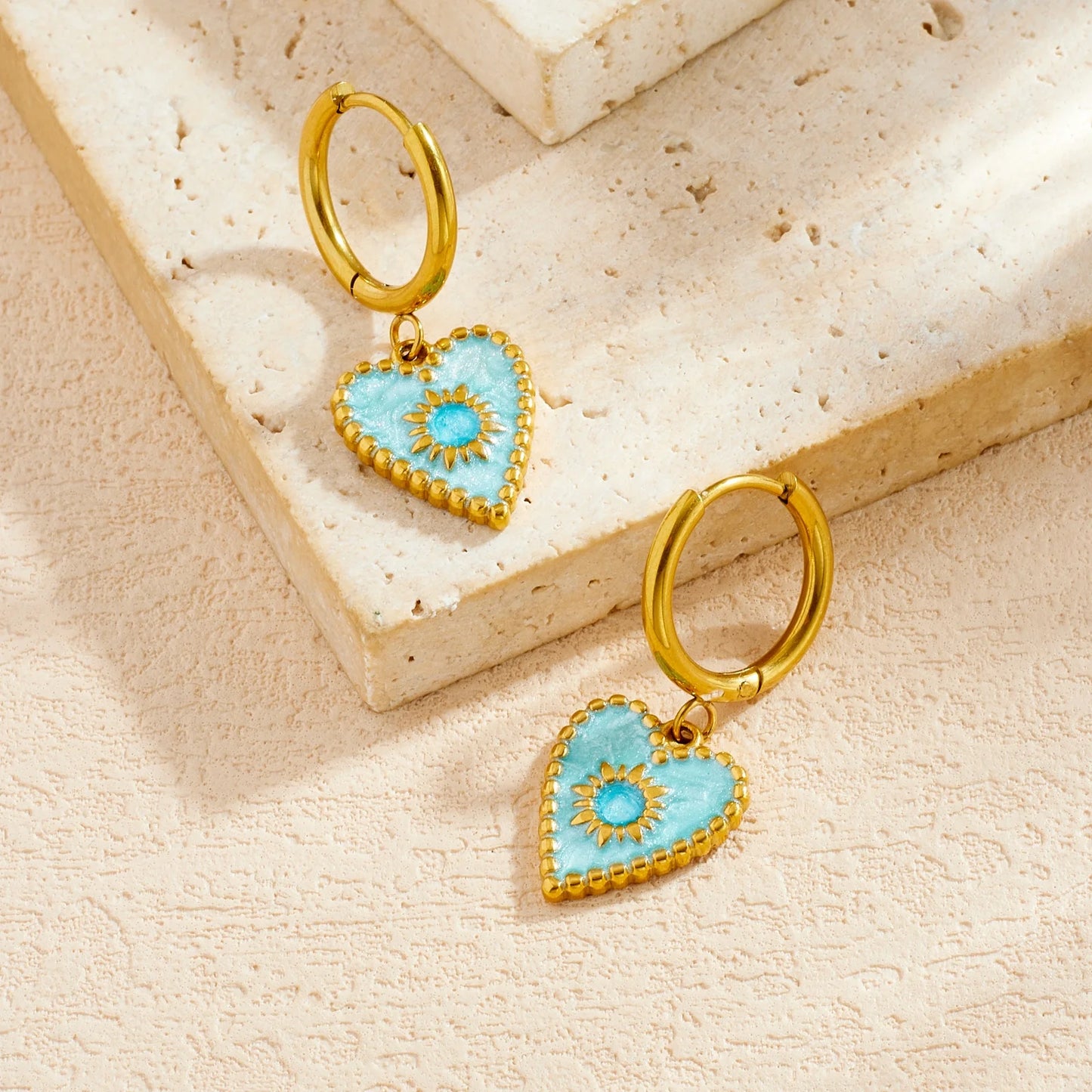 Coquette Blue Heart Sun Gold Dangling Earrings - Womens