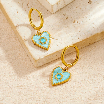 Coquette Blue Heart Sun Gold Dangling Earrings - Womens