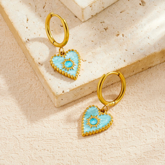 Coquette Blue Heart Sun Gold Dangling Earrings - Womens
