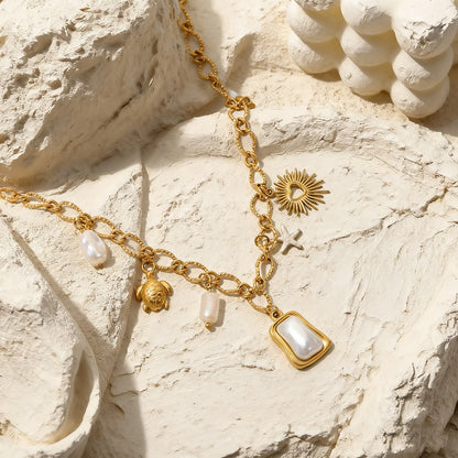 Boho Beach Turtle Starfish Pearl Pendant Gold Charm Necklace - Womens