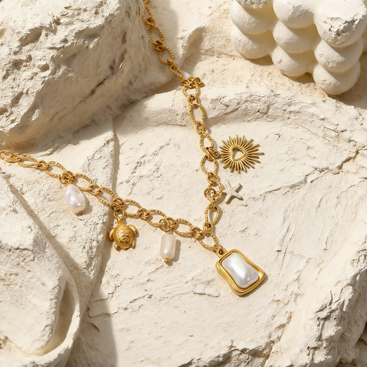 Boho Beach Turtle Starfish Pearl Pendant Gold Charm Necklace - Womens