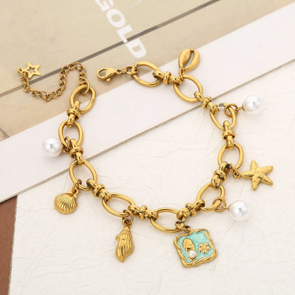 Boho Beach Seashell Pearl Gold Charm Bracelet - Womens