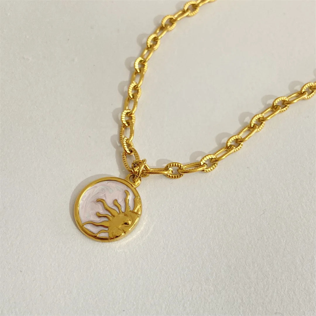 Vintage Sun and Moon Shell Gold Coin Pendant Necklace - Womens
